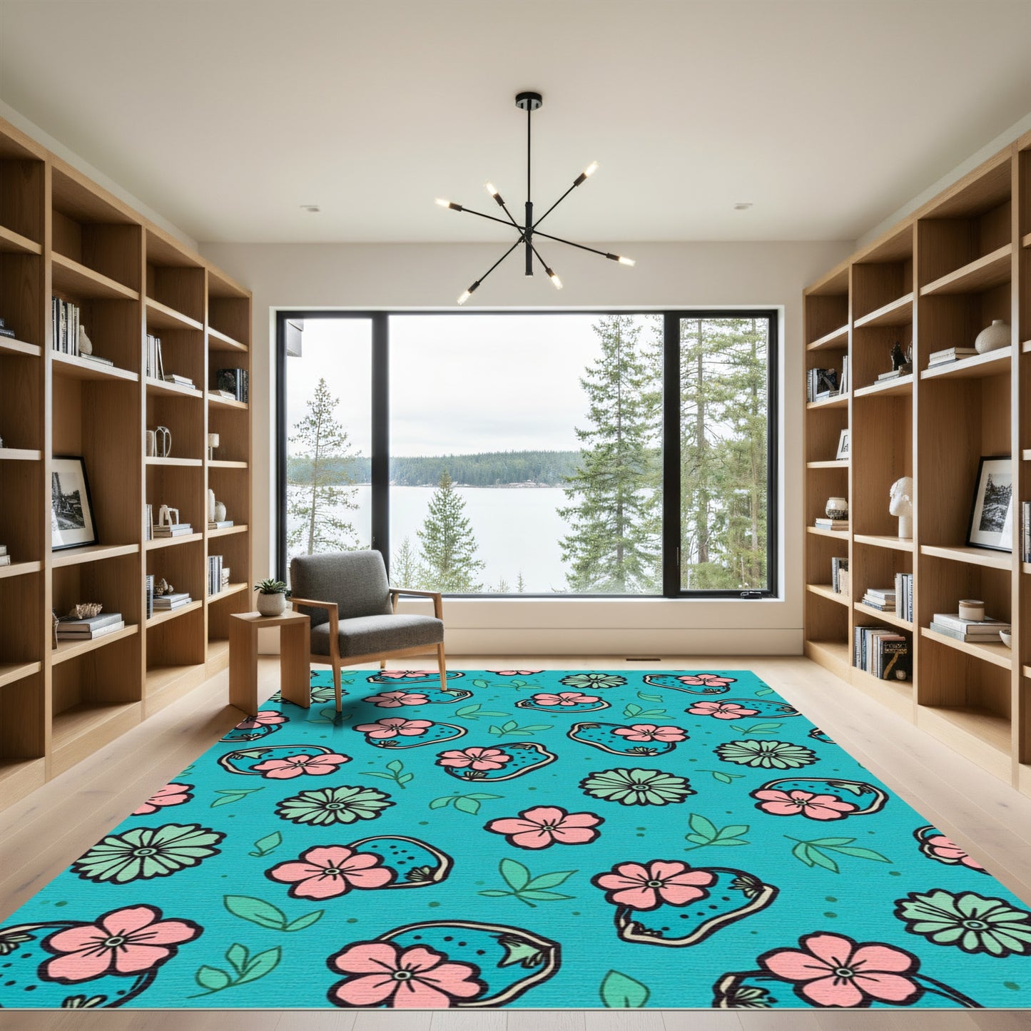 Teal Pink Bloom Leaf Scatter Rug