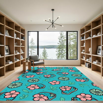 Teal Pink Bloom Leaf Scatter Rug