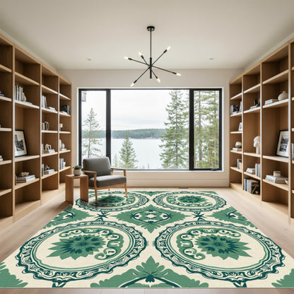 Emerald Green Floral Medallion Tapestry Rug