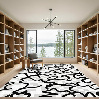 Abstract Black Freeform Brush Strokes Rug