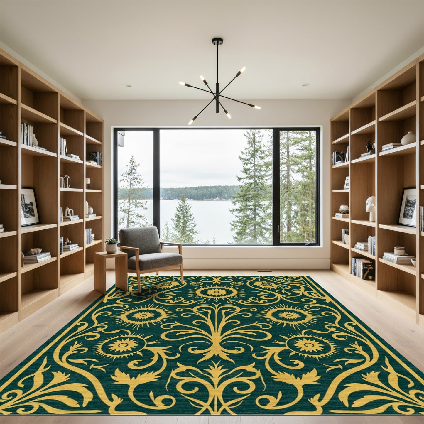 Deep Emerald Gold Sunburst Motif Rug