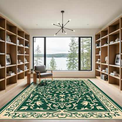 Elaborate Dark Green Floral Vines Rug