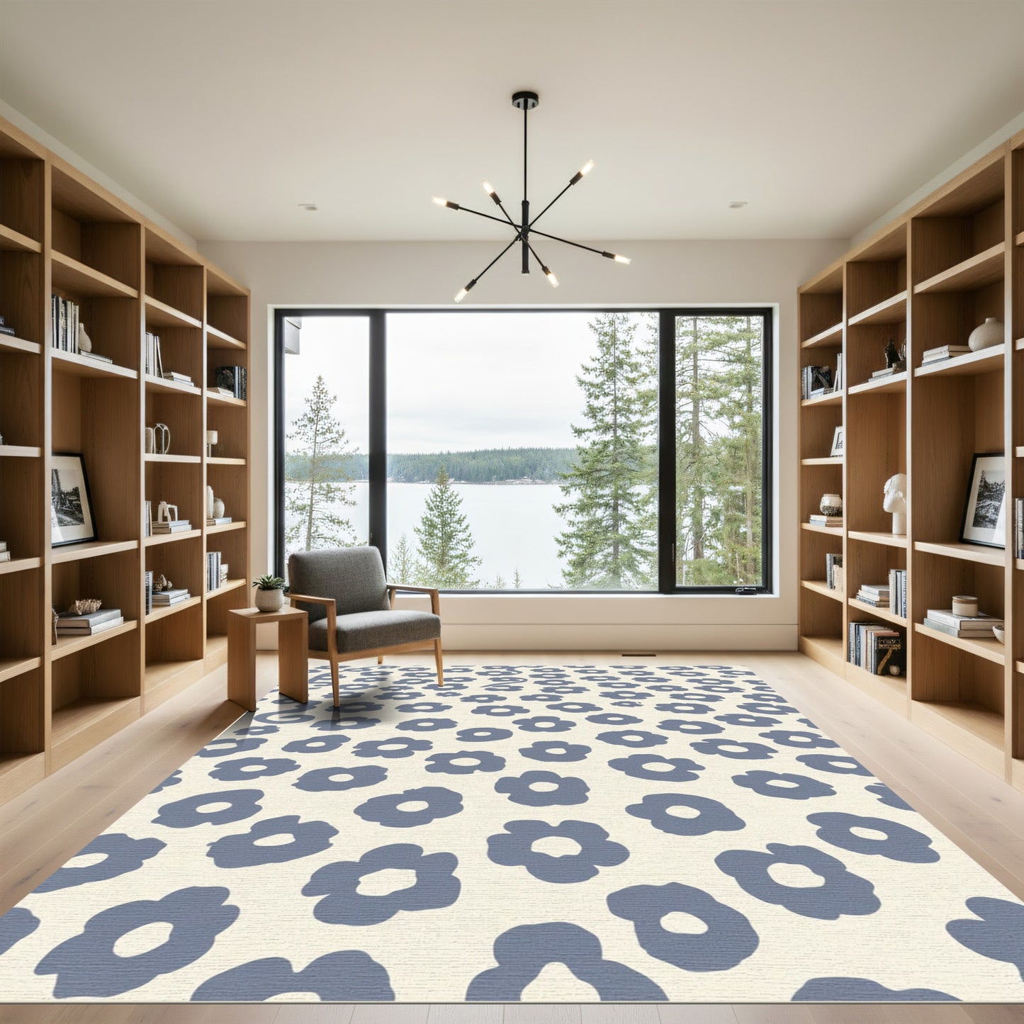 Cream Blue Modern Floral Scatter Rug