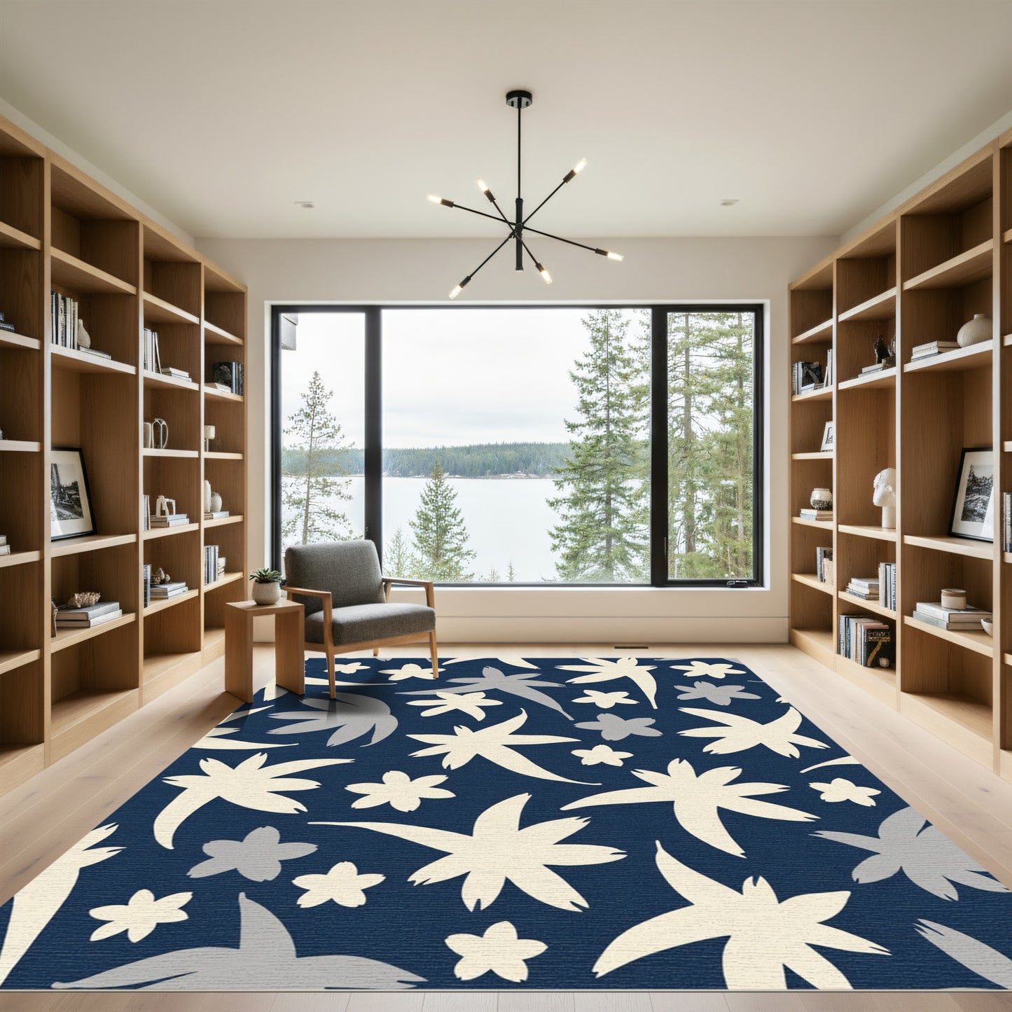 Navy Cream Starburst Floral Arrangement Rug