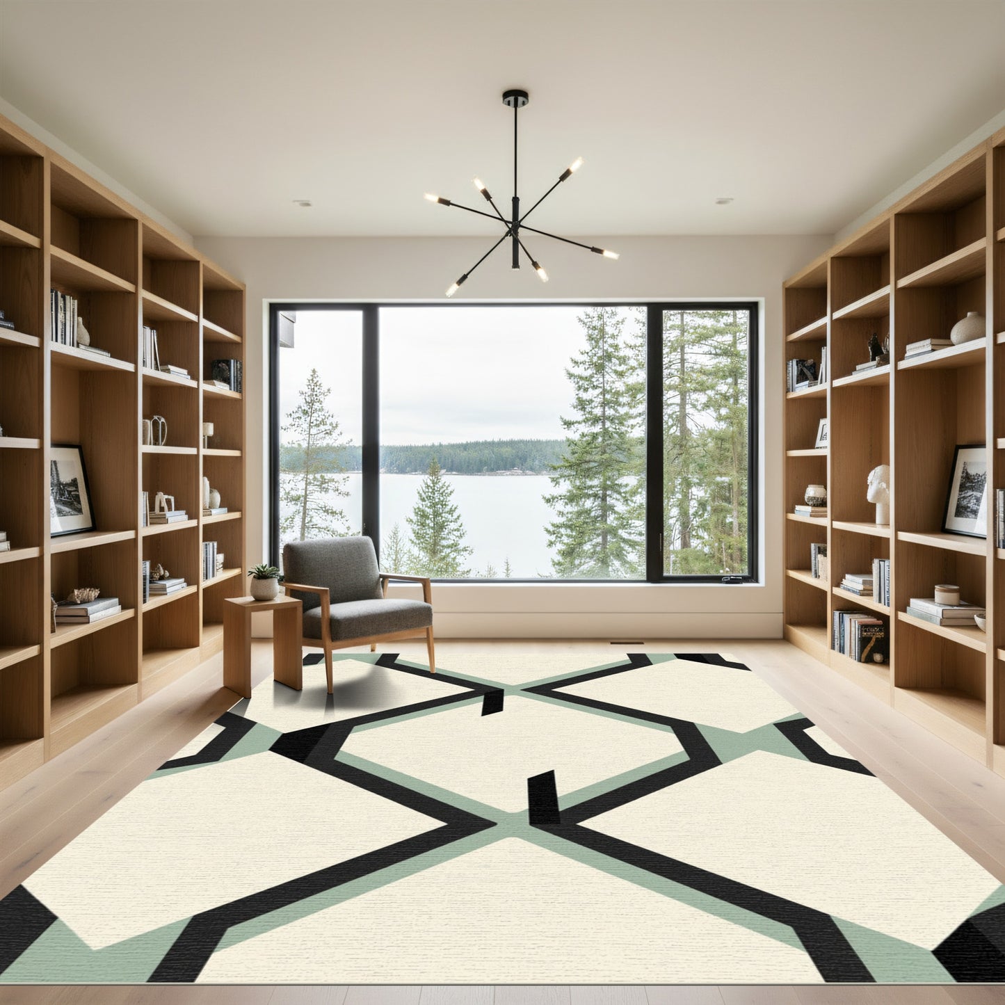 Cream Black Geometric Interlocking Hexagons Rug