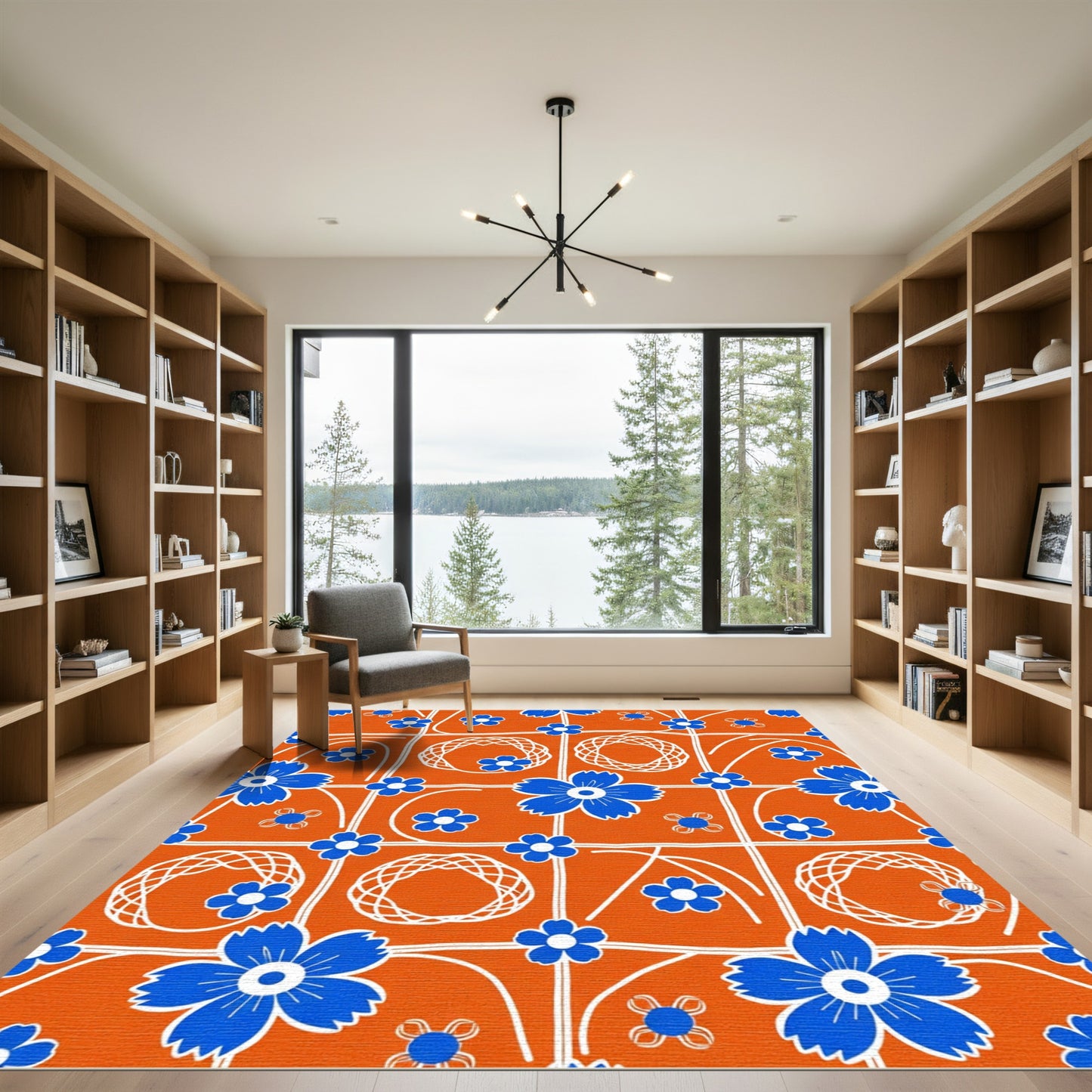 Orange Blue Floral Grid Medallion Rug