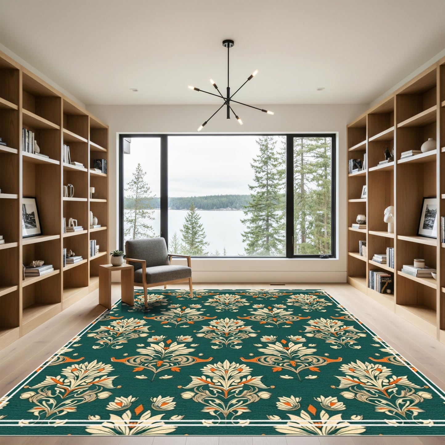 Dark Green Floral Damask Scrollwork Rug