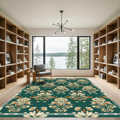 Dark Green Floral Damask Scrollwork Rug
