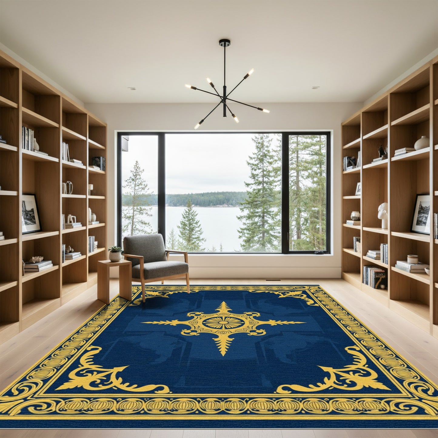 Regal Blue Gold Damask Medallion Rug