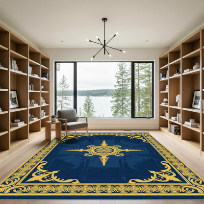 Regal Blue Gold Damask Medallion Rug