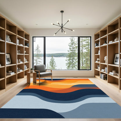 Warm Orange Blue Wave Layers Rug