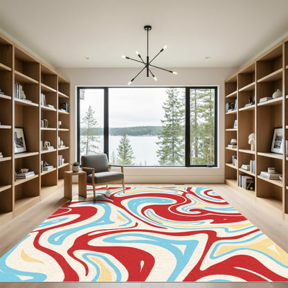 Red Blue Swirl Abstract Cream Rug