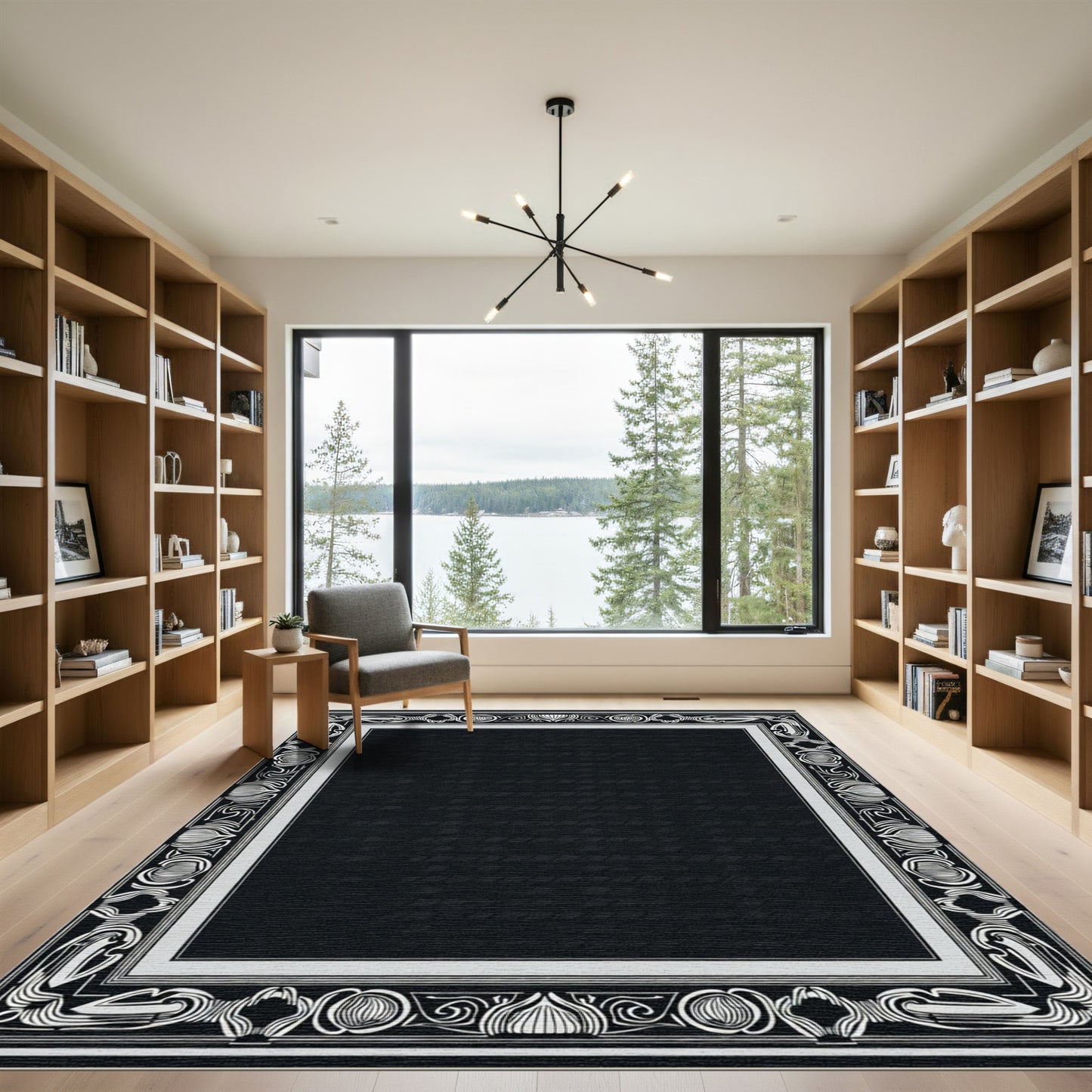 Black White Art Nouveau Botanical Frame Rug