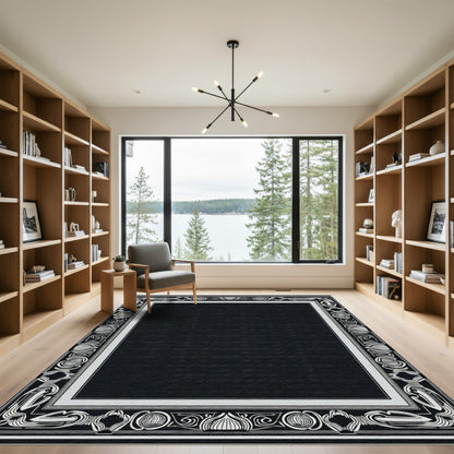 Black White Art Nouveau Botanical Frame Rug
