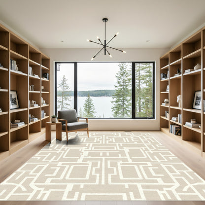 Taupe White Geometric Labyrinth Rug