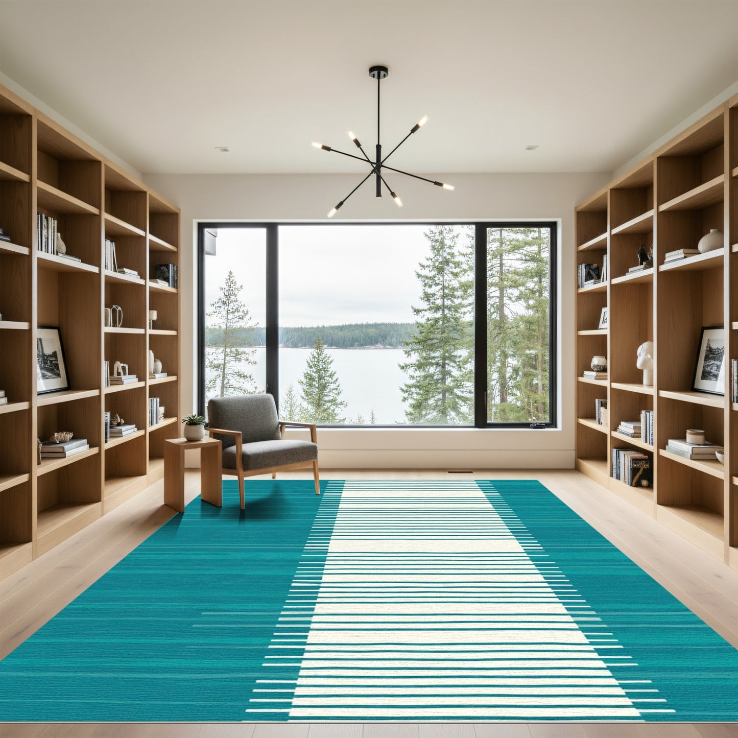 Teal And Cream Striped Abstraction Rug