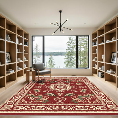 Crimson Vintage Floral Medallion Bordered Rug