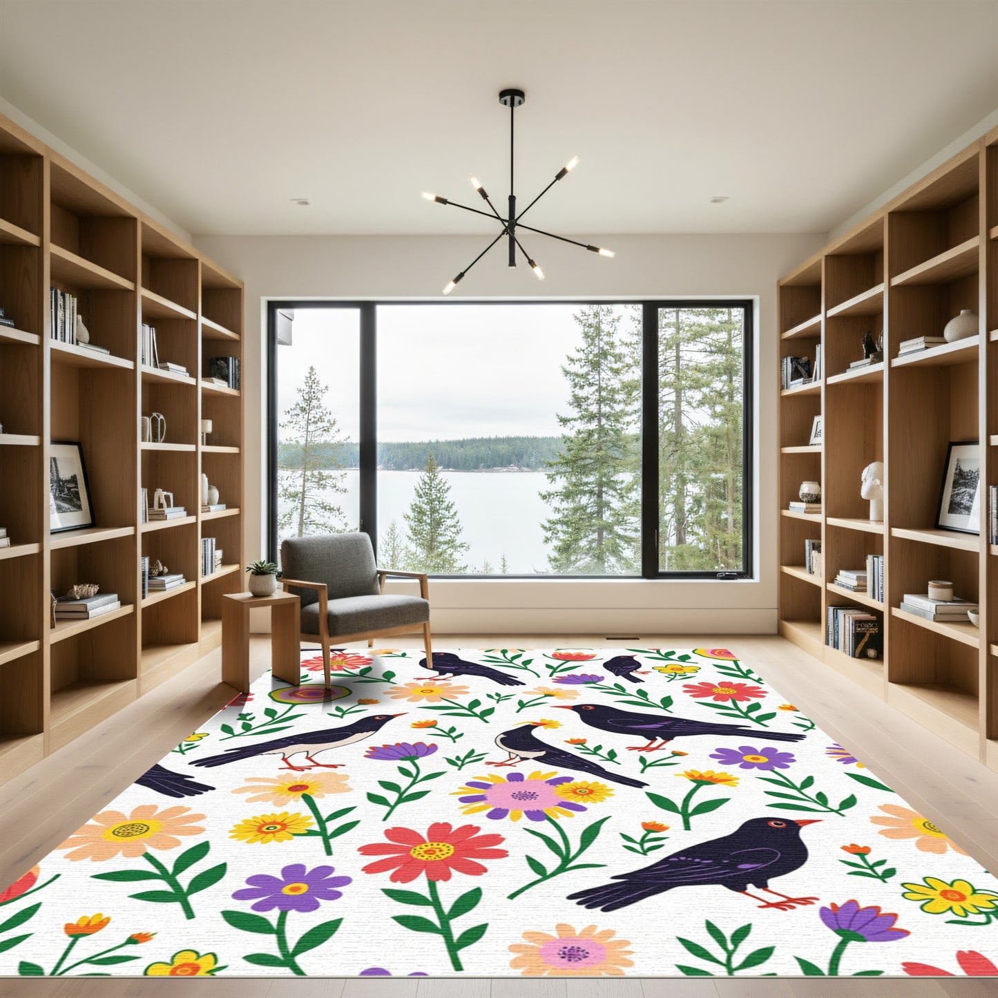 Whimsical Black Birds Garden Collage Rug