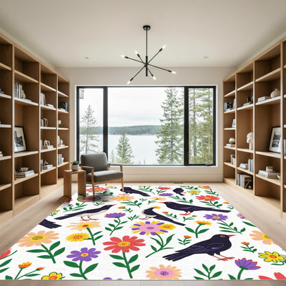 Whimsical Black Birds Garden Collage Rug