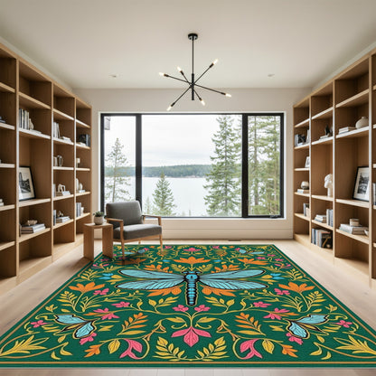 Green Emerald Dragonfly Floral Art Rug