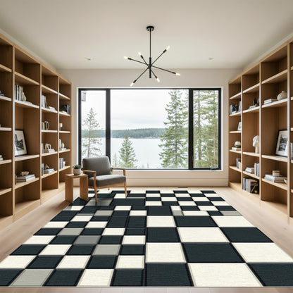 Modern Black White Square Grid Rug