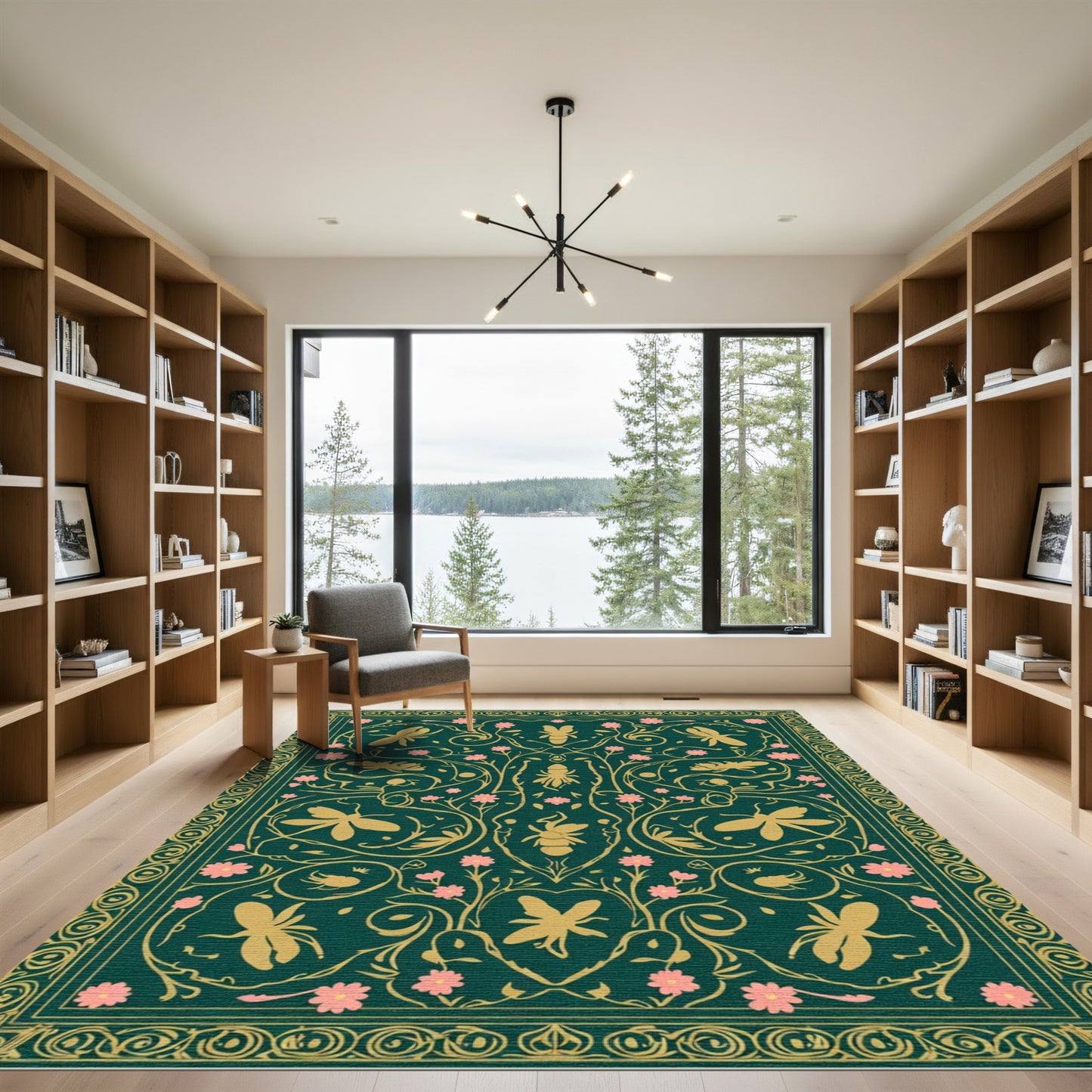 Golden Insects Pink Flowers Emerald Green Border Rug