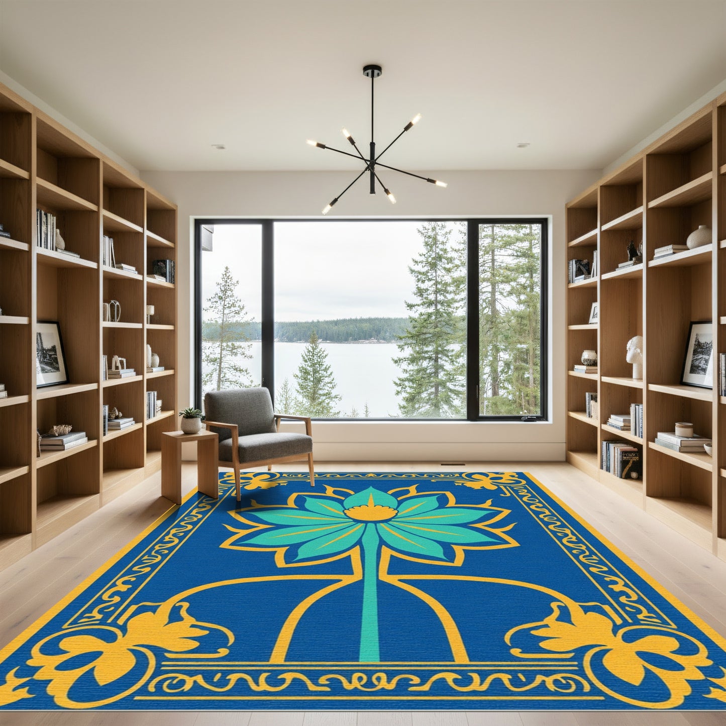 Bold Blue Teal Floral Emblem Rug
