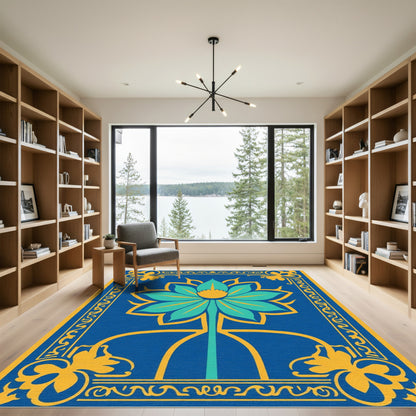 Bold Blue Teal Floral Emblem Rug