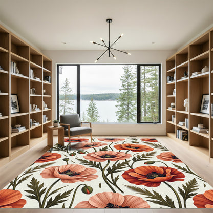 Orange Pink Poppy Floral Meadow Rug