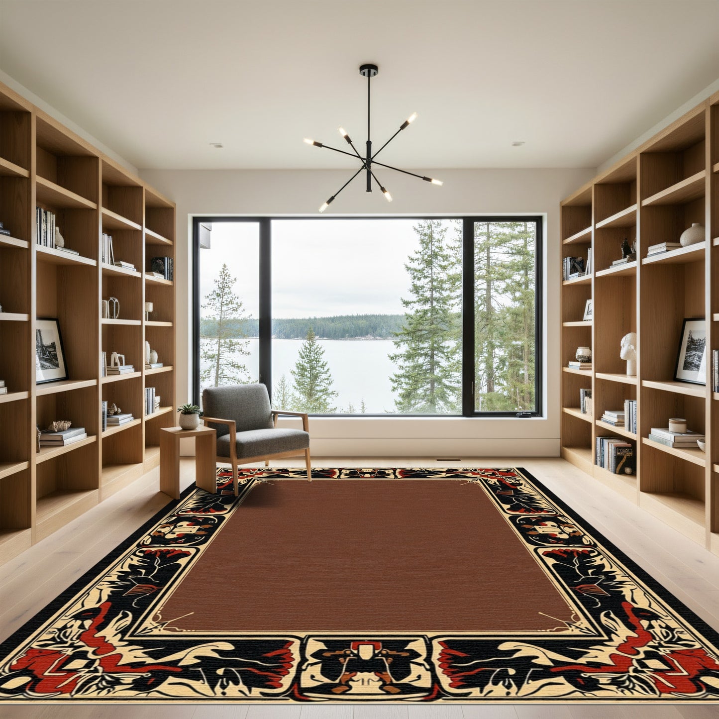 Bold Red Black Cream Border Rug