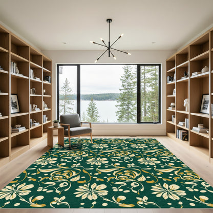 Forest Green Floral Swirl Gold Rug