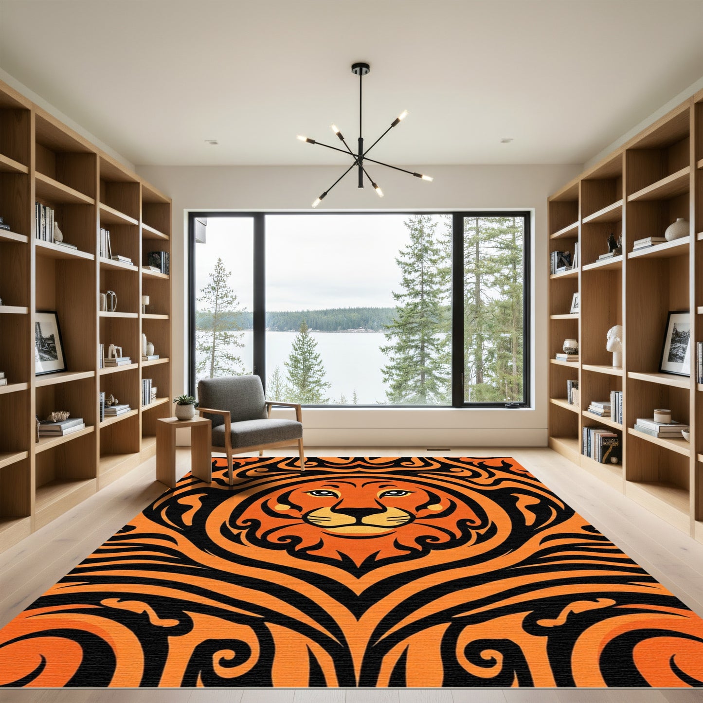 Bold Orange Black Lion Face Rug