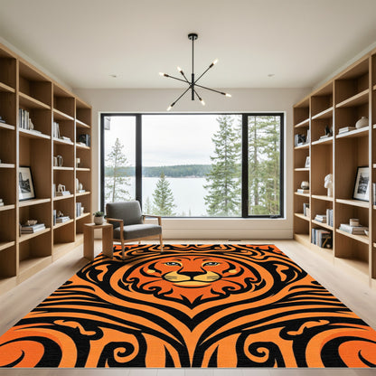 Bold Orange Black Lion Face Rug