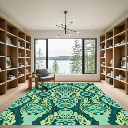 Deep Teal Floral Symmetry Brocade Rug