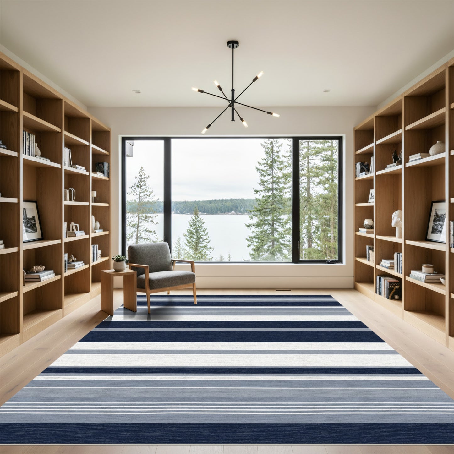 Navy Blue Grey Stripe Dot Rug