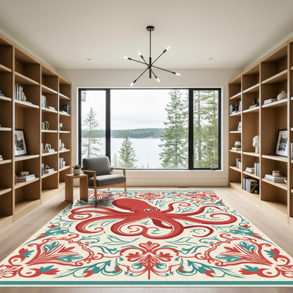 Crimson Octopus Floral Swirl Rug