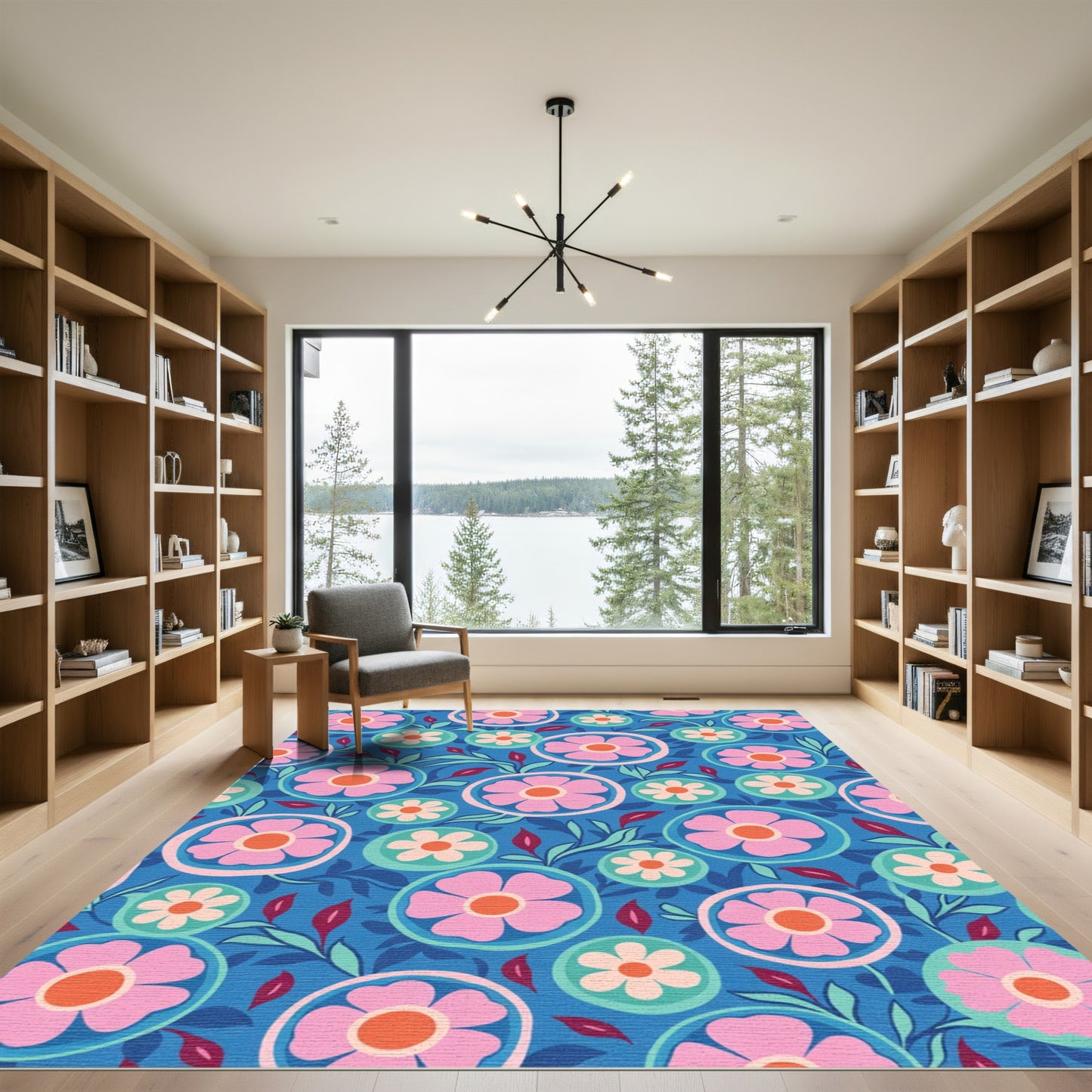 Whimsical Pink Floral Medallion Blue Rug