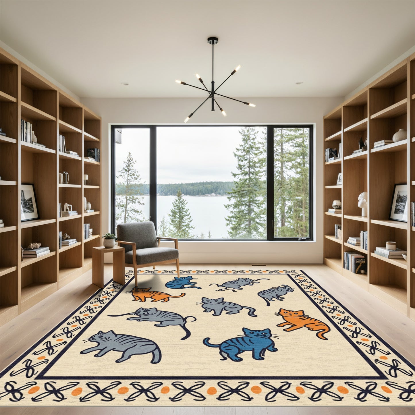 Playful Orange Blue Striped Cats Border Rug