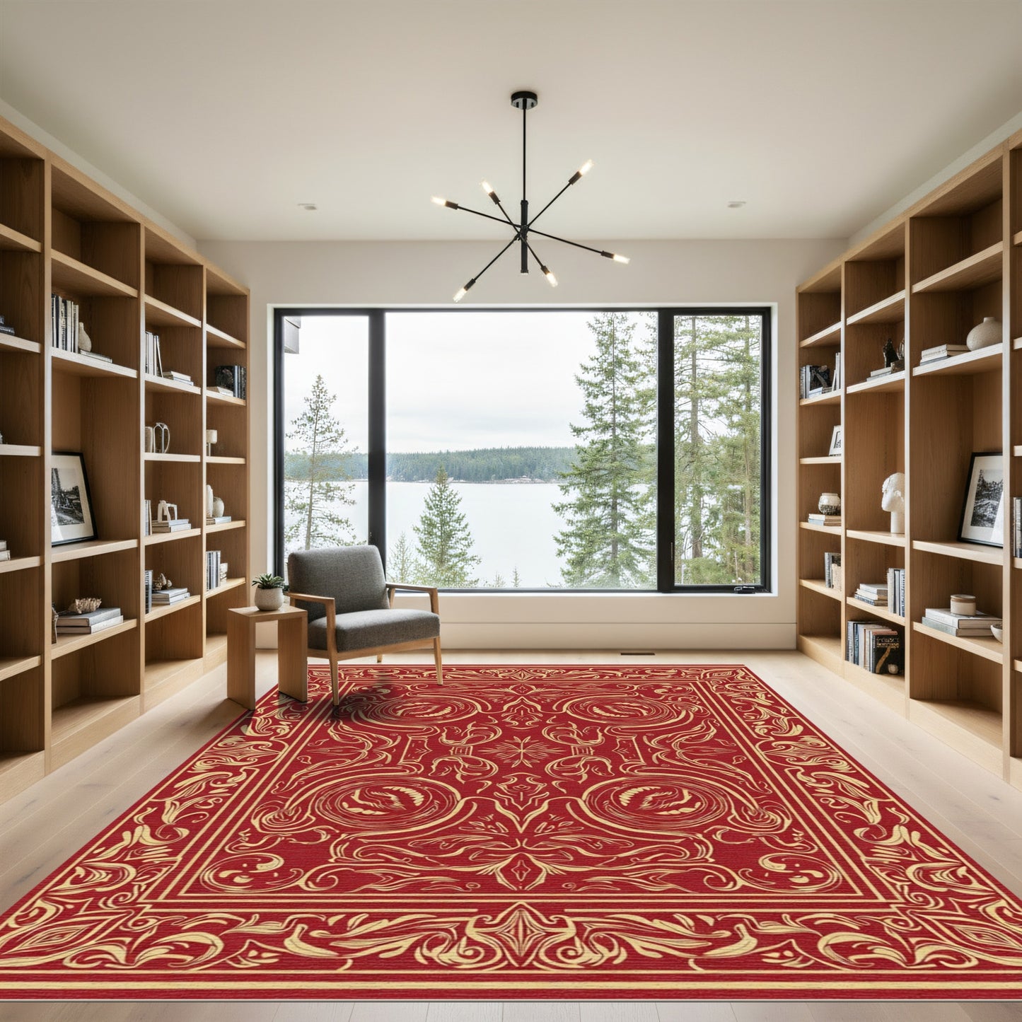 Crimson Gold Scrollwork Mandala Rug