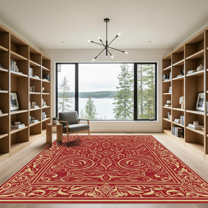 Crimson Gold Scrollwork Mandala Rug