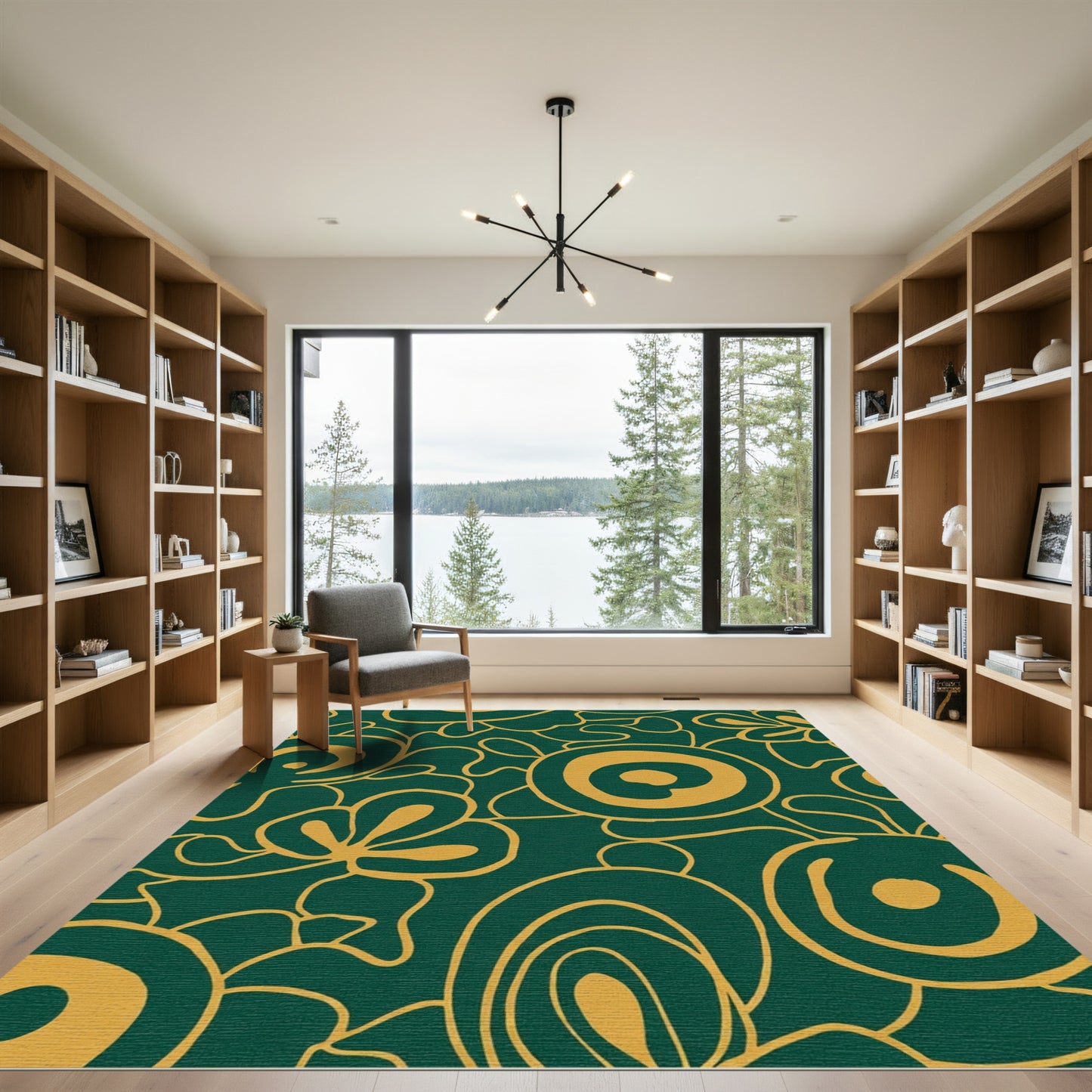 Mid-century Modern Green Gold Swirls Rug