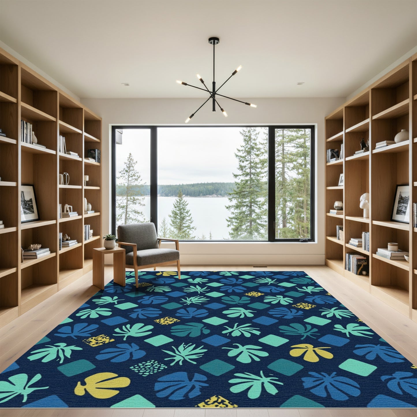 Deep Teal Leafy Diamond Composition Rug