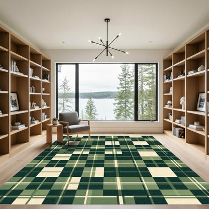 Green Cream Checkered Geometric Weave Rug