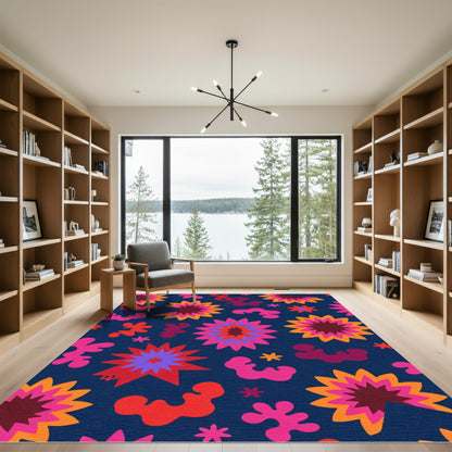 Radical Blue Burst Flower Accents Rug