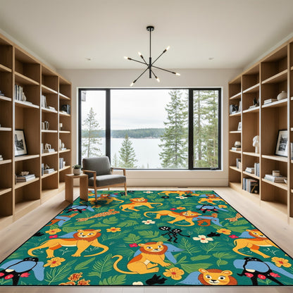 Whimsical Jungle Lions Tropical Floral Rug