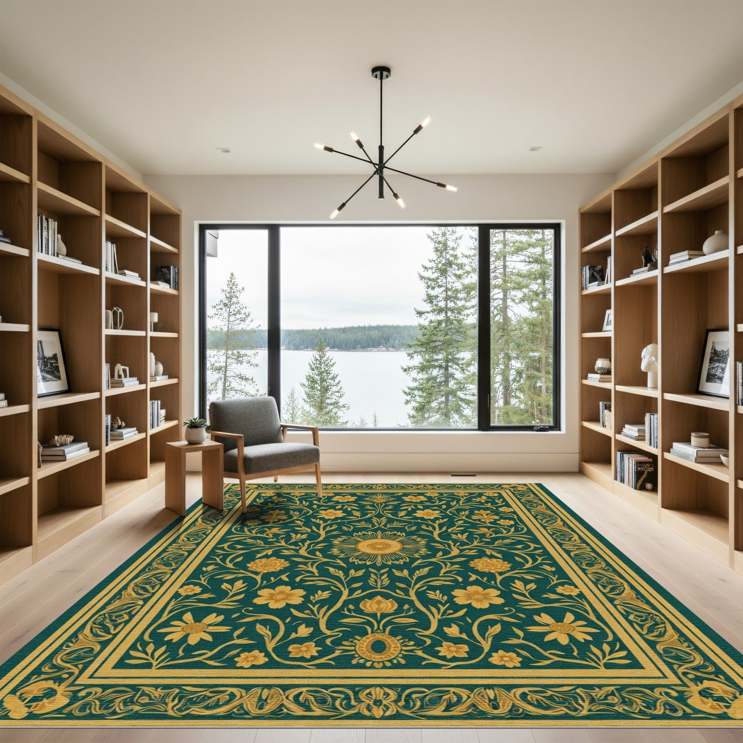 Teal Golden Floral Vine Medallion Rug