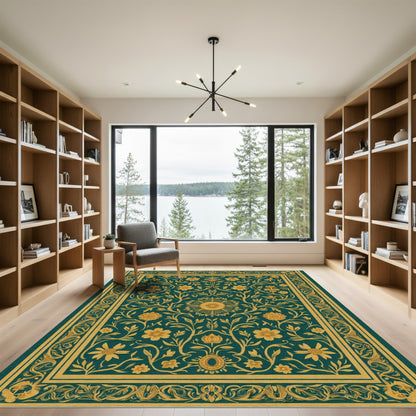 Teal Golden Floral Vine Medallion Rug