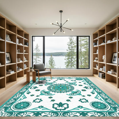 Teal Orange Floral Medallion Border Rug