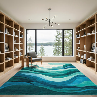 Teal Layered Abstract Waves Rug