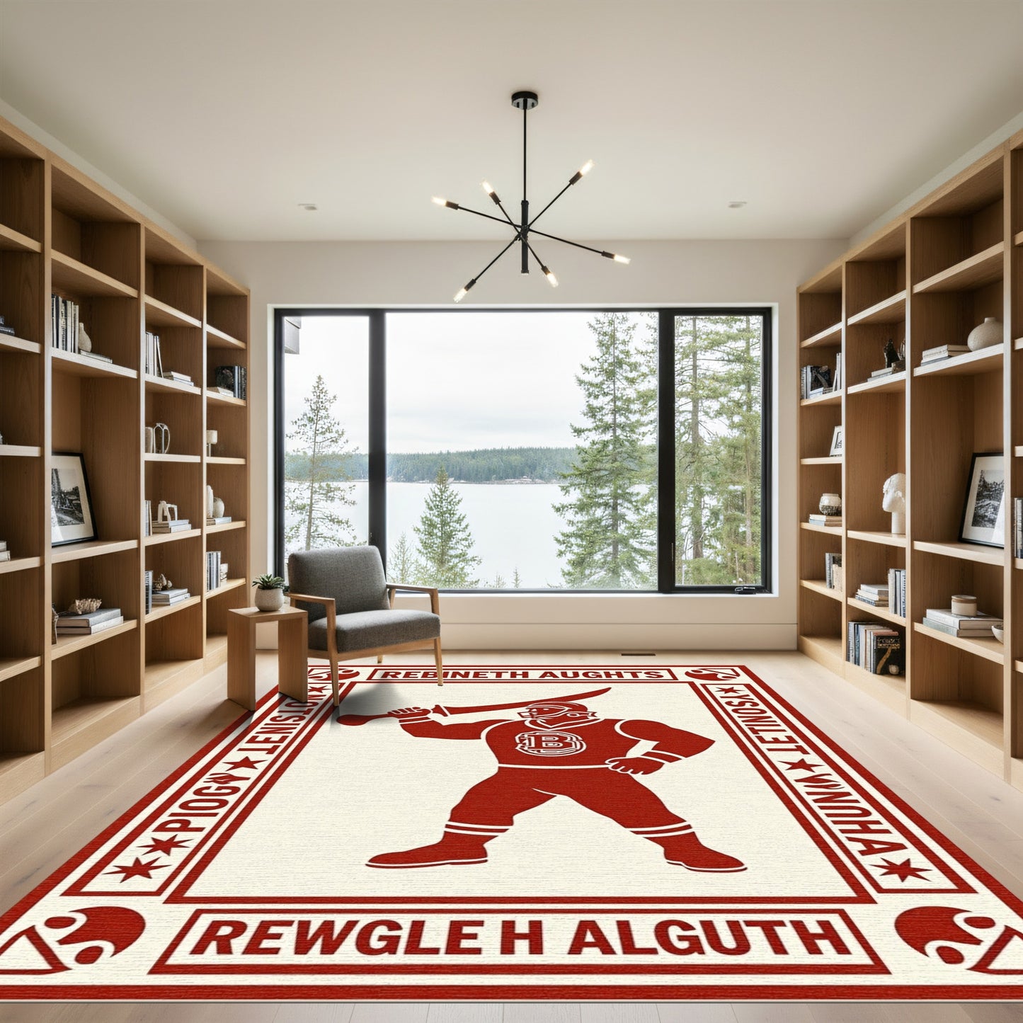 Crimson Warrior Emblem Geometric Border Rug
